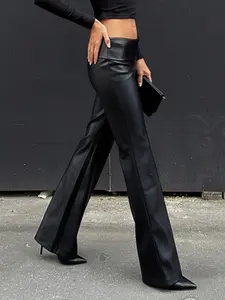 Vintage Punk Style Faux Leather Flare Pants for Women, Slim Fit Long Leggings, Casual Drawstring Waist, All Seasons Fashion