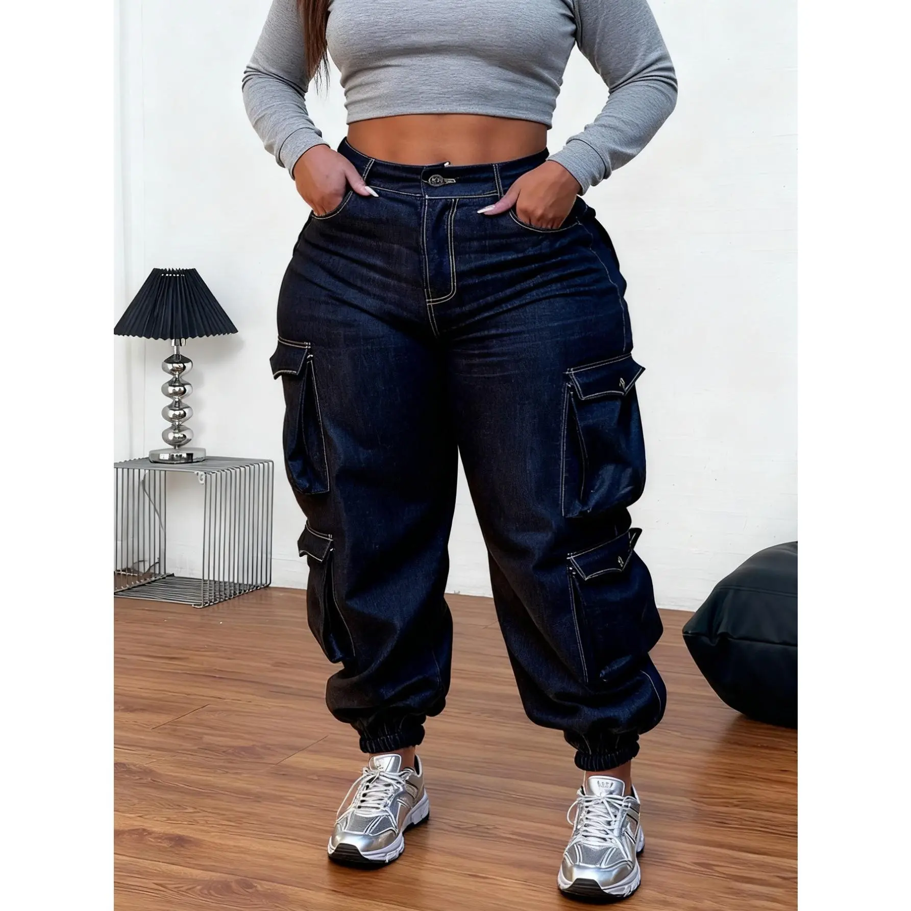 Women's Plus-Size Modest High-Stretch Tapered Cotton Cargo Trousers - Slim Fit, Flap & Slant Pockets, Vintage Wash Blue, Machine Washable, Lady's Bottom Clothes, Zipper-Inclusive, Year-Round Wear, Ideal for Work & Casual Use, Stretchy Pants, Utility Pants
