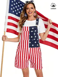 Women's Summer Flag Jean Bib Shorts, Independence Day Usa Flag Print Loose Overall Short Pants, Stripes Star Element Casual Workwear, Striped