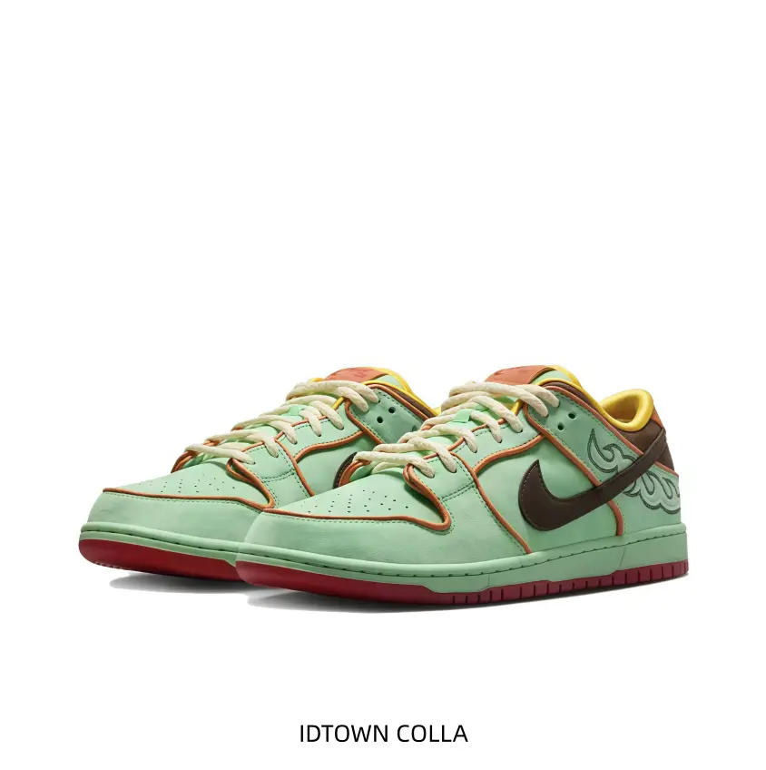 Light green low top skate sneakers brown logo embroidered pattern thick cream laces red outsole stylish casual shoes for daily wear and street styling