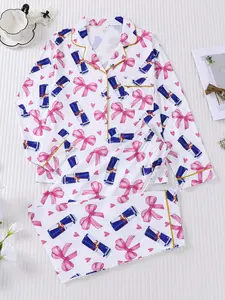 2-piece women's set with bow and heart design, long sleeve top, long pants with small pockets, comfortable, soft, skin-friendly, smooth fabric, elastic waistband, suitable for all seasons, casual loungewear, pajamas, Nightwear, Lady, Pjs