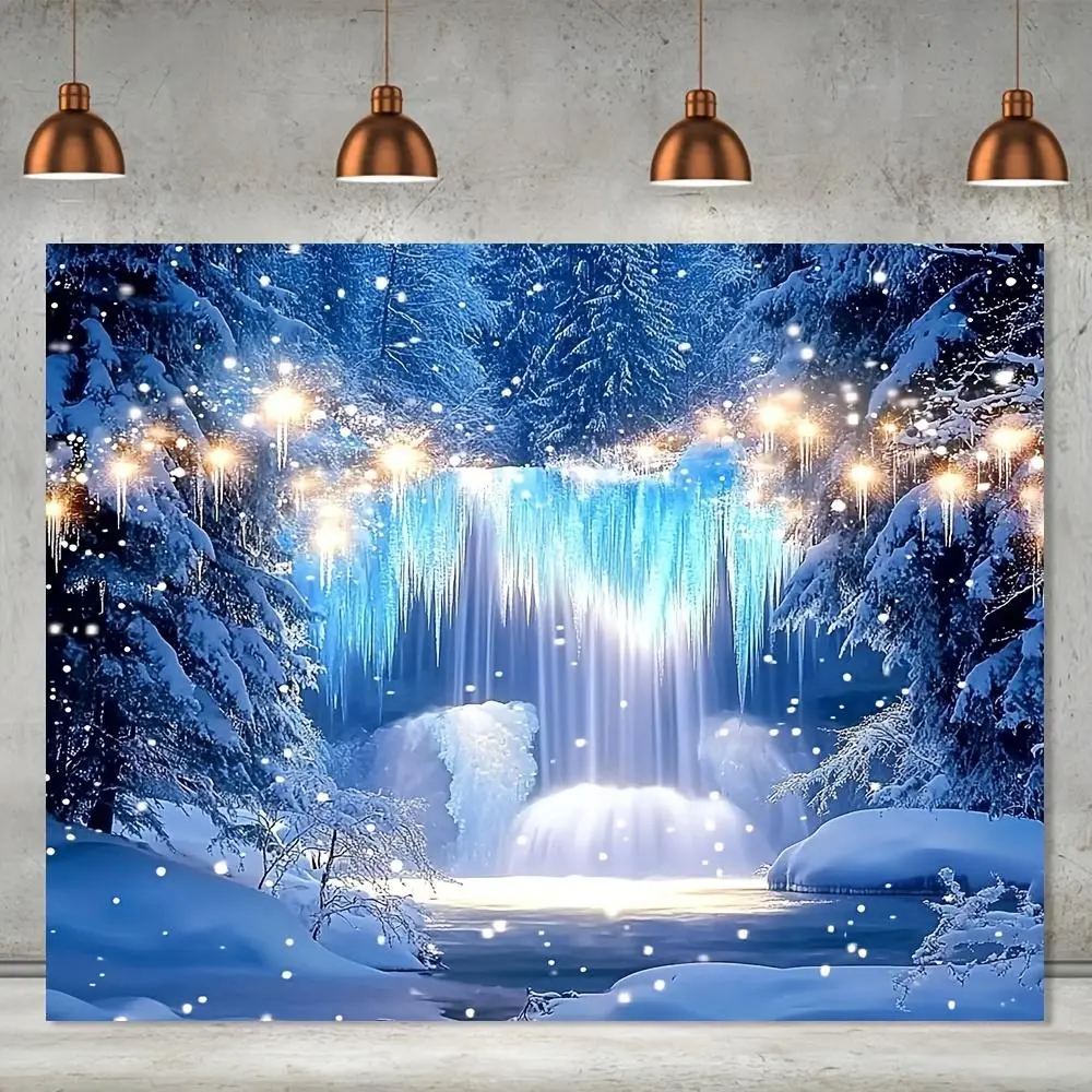 2D Flat Rustic Polyester Christmas Backdrop, 1pc Snowy Waterfall with Sparkling Icicles, Durable Featherless Festive Scene, No Electricity Needed, for Outdoor Decor and Photo Shoots