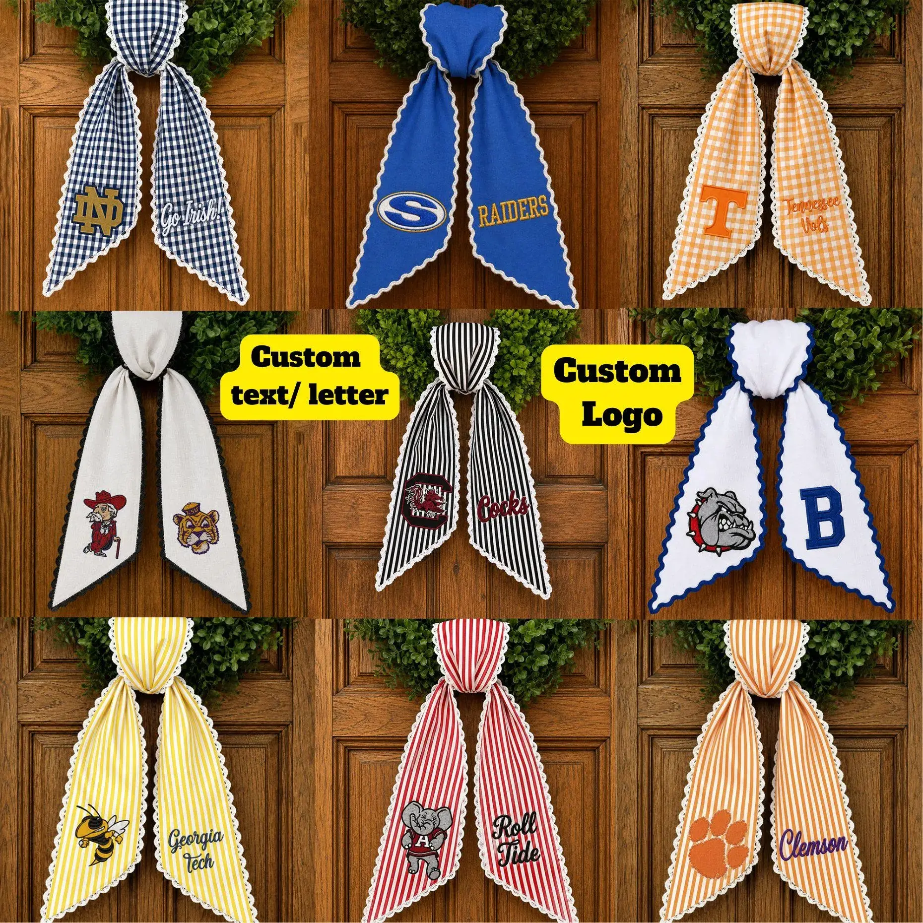 Custom Wreath Sash, Striped Monogram Door Decor, College Football Tailgate Ribbon, Custom Sash