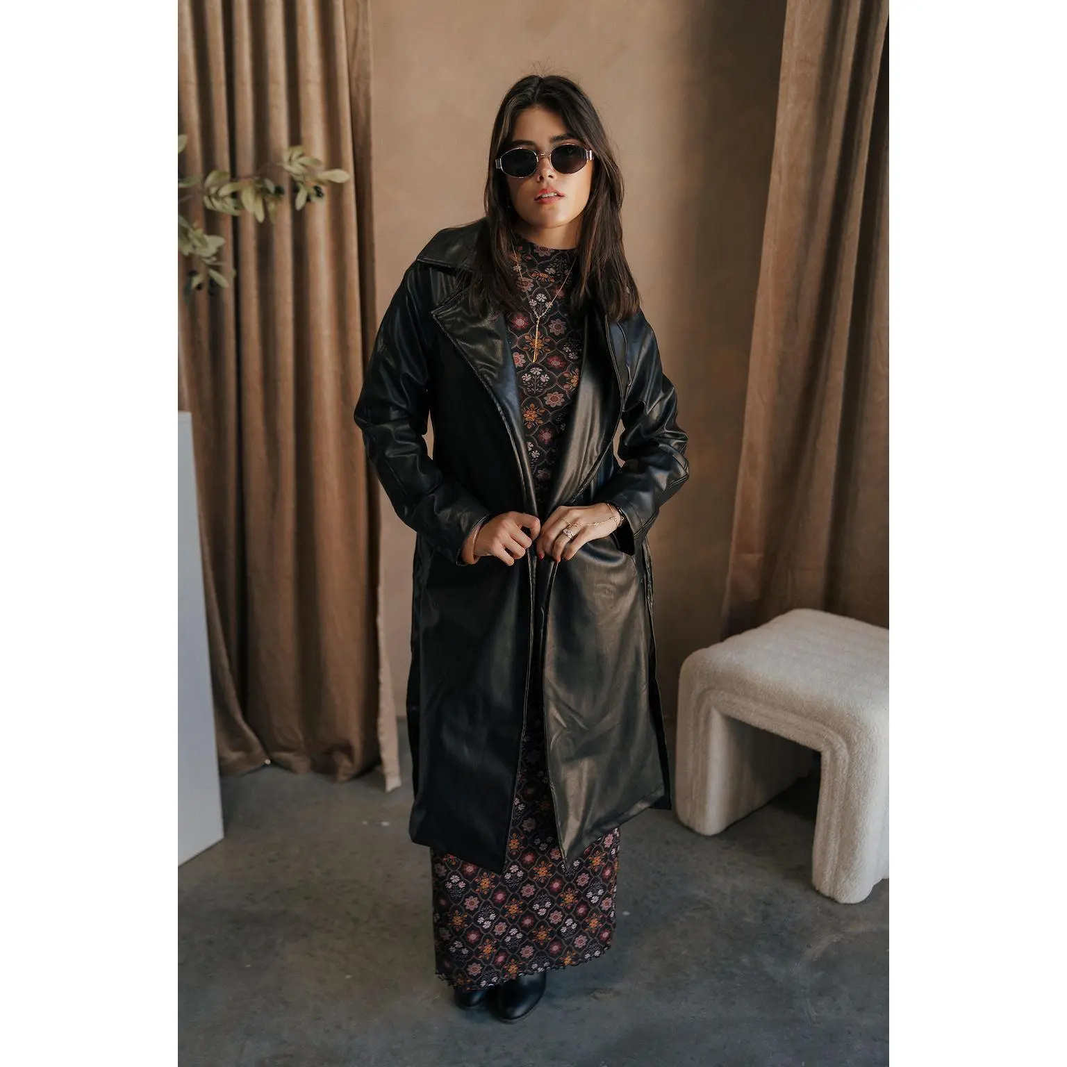 Bristol Black Faux-Leather Trench Coat