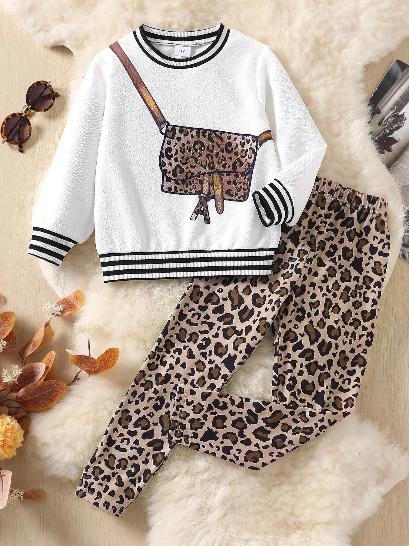 Two-piece Set Girl's Leopard & Striped Print Sweatshirt & Pants Set, Casual Round Neck Long Sleeve Pullover & Trousers, Kids Fall & Winter Clothes