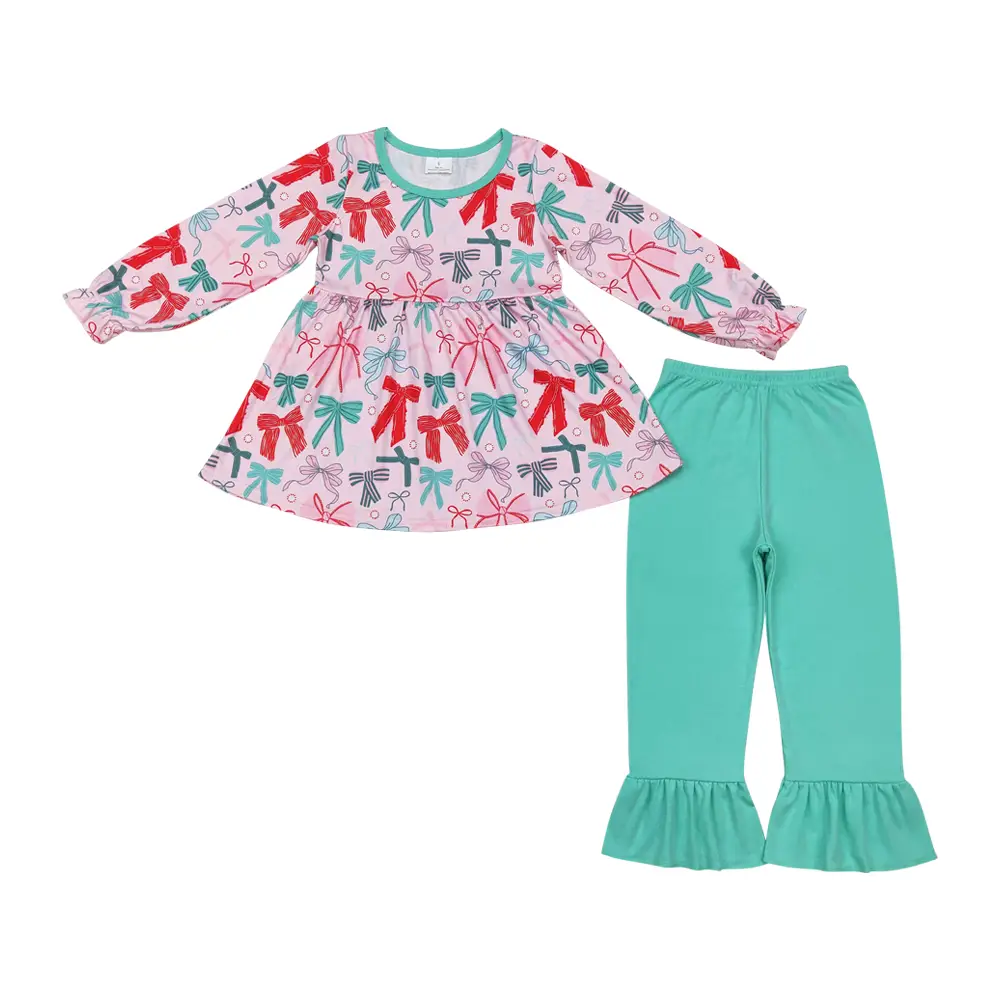 GLP1716--Pink long-sleeved green cotton pants girl's set with bow print
