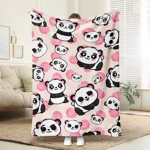 Cute Panda Peach Blanket, Soft Flannel Home Sofa Warm Blanket, Hypoallergenic Knit Fabric, Digital Print, Ideal Gift for Bed Couch Camping Travel Car
