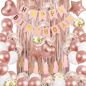 Rose Gold Birthday Party Decorations Kit, Confetti Foil Rose Gold Balloons Happy Birthday Banner Tassels Metallic Fringe Curtains 30th 40th 50th 60th Birthday Supplies for Women Star