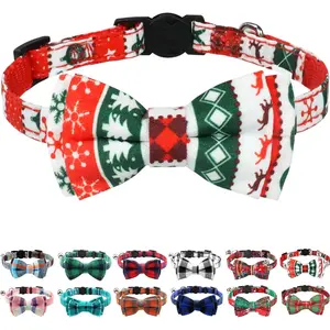 Upgraded Christmas Cat Collar with Bells, Breakaway Cat Collars with Bow Tie, 1 Pack Girl Boy Safety Plaid Kitten Collars, Christmas SANTA CLAUS BOW TIE PET ACCESSORY