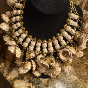 Flowered Palm Artesenal Necklace - Hand Made Unique Purple Art with Gold Accents and Beaded Detailing