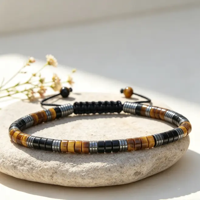 Unisex Tiger Eye, Onyx & Hematite Beaded Look Adjustable Bracelet - Protection Charm, Casual Everyday Wear Fashion Costume Jewelry
