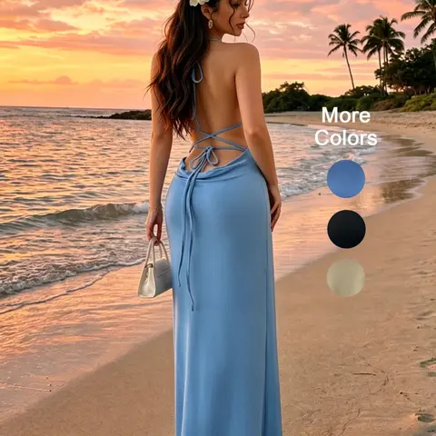 Women's Solid Color Criss Cross Tie Back Maxi Dress, Sleeveless Fitted Casual Summer Flowy Dress, Beach Vacation Fashion Long Dress