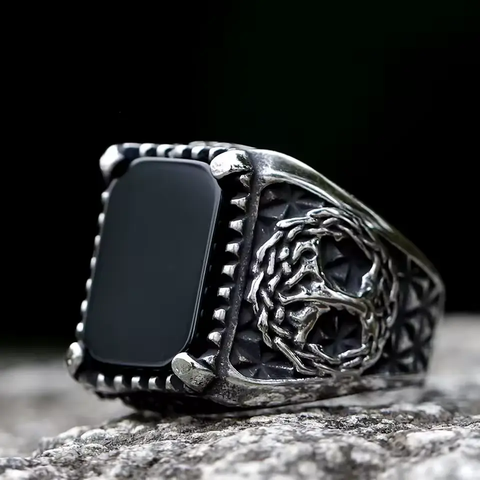 New Stainless Steel Viking Yggdrasil Odin Runes Ring - Men's Wedding Band, Women's Jewelry Gift for Artificial Gemstone Ring Lovers