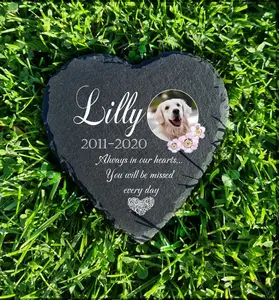 Personalized Heart Shaped Pet Memorial Stone Plaque | Slate Cat Dog Grave Marker | Outdoor Dark Grey Remembrance Gift