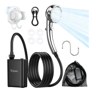 Portable shower system with rechargeable water pump, USB charging, digital display, adjustable showerhead, and foldable bucket. Suitable for camping, hiking, beach trips, travel, car washing, pet bathing, and garden watering.