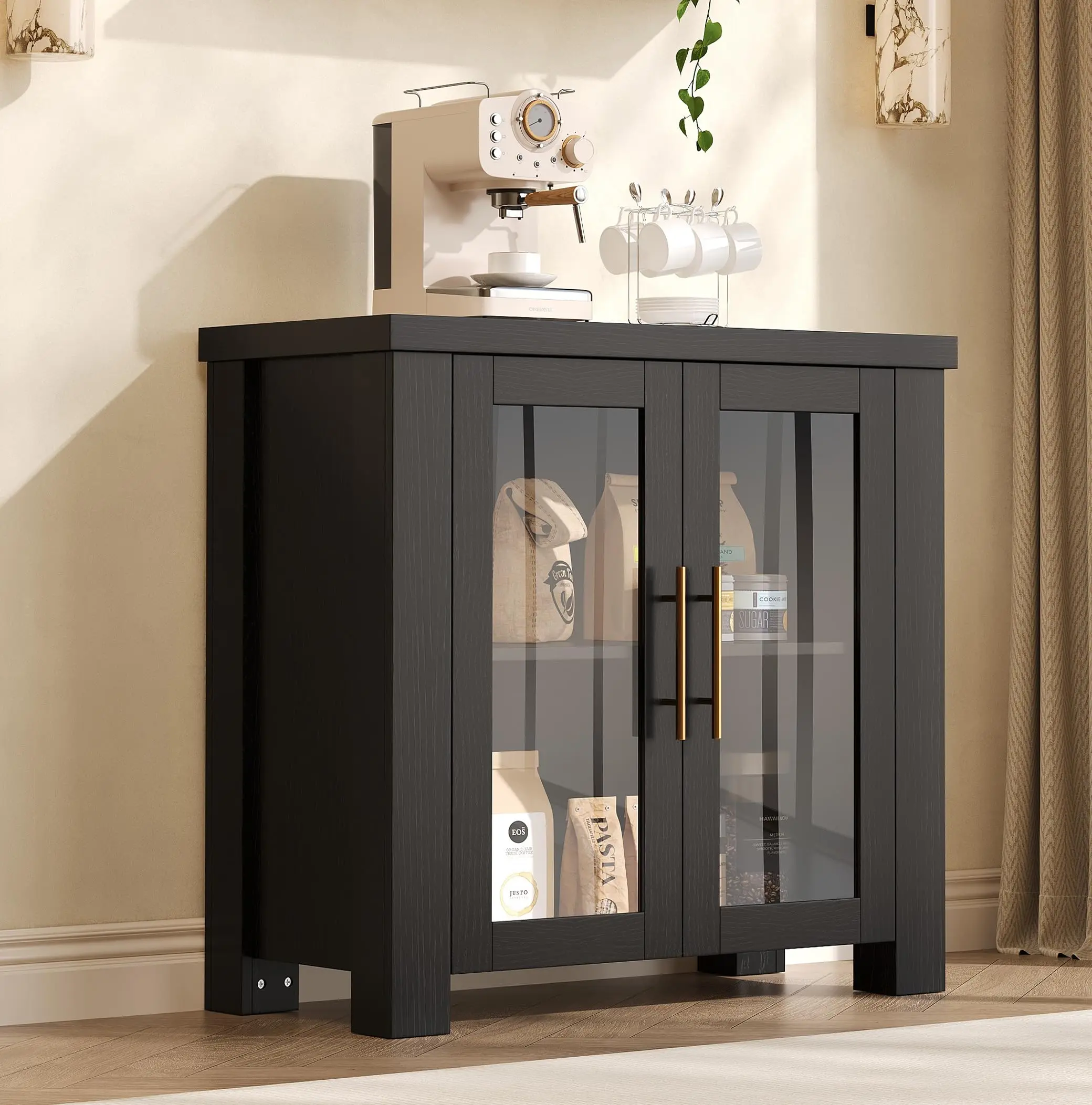 Garvee Modern Wood Buffet Cabinet Sideboard Credenza, 31.5 in Storage Console with Tempered Glass Doors, Interior Shelves & Thick Top, Black Finish