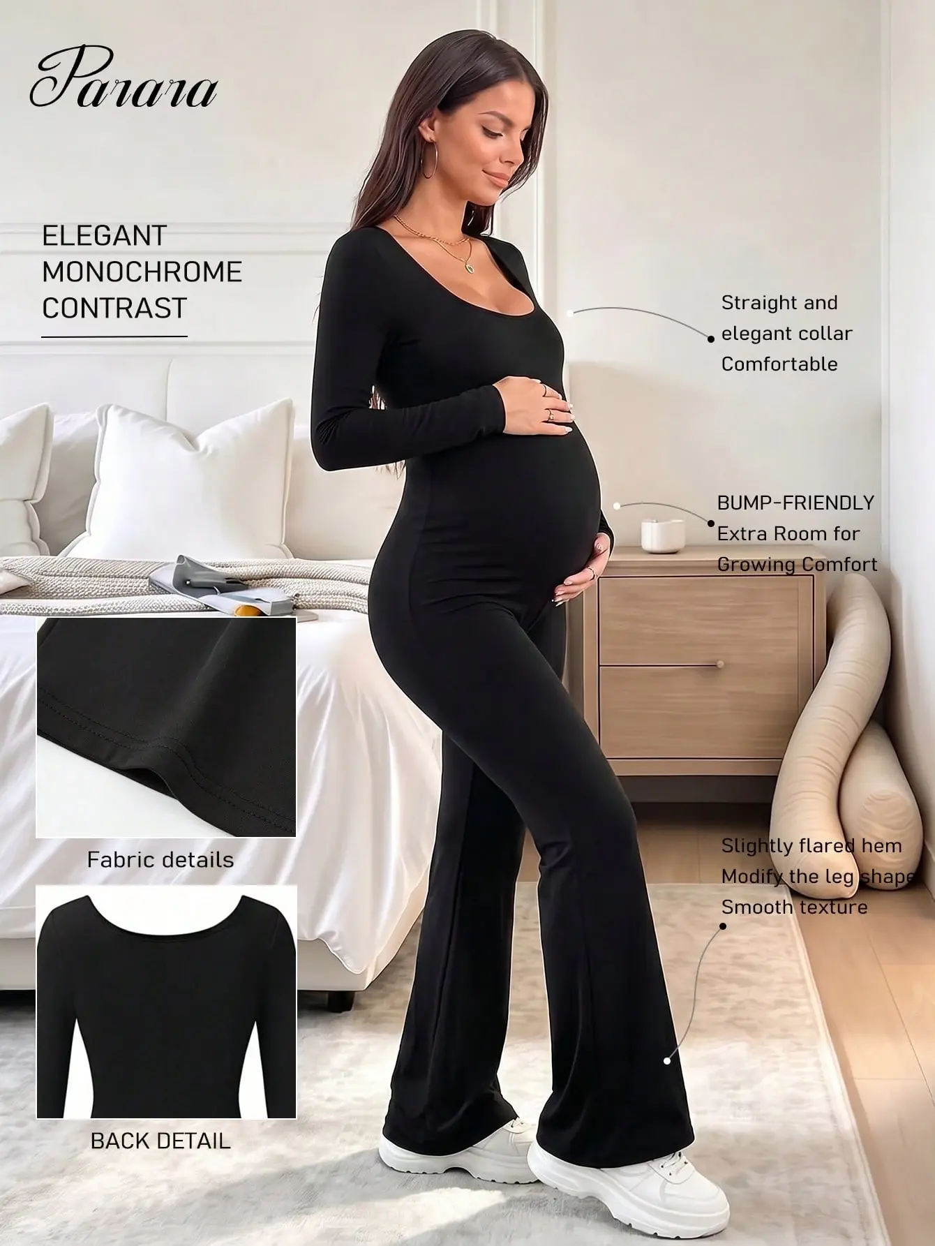 LALUZ Maternity Long Sleeve Jumpsuit Tight Fit Casual All-Season Black One Piece Basic Stretchy Comfort Wear Date Night Outfit