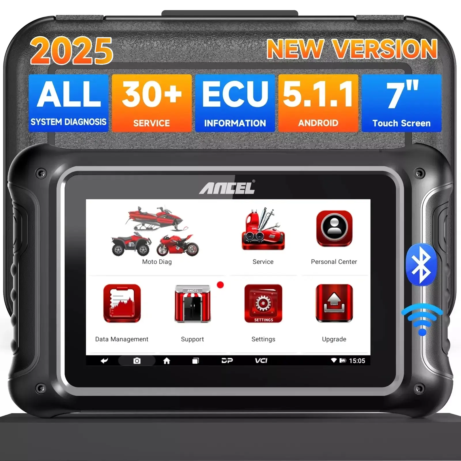 ANCEL MT700 Motorcycle Scanner, Full System OBD2 Scanner with 35+ Reset Service, Throttle Learning, TPS/ECU/Transmission/Oil Reset, Motorcycle Diagnostic Tool for BMW BRP Ducati Harley Honda Indian Suzuki, 7” Touch Screen, 16GB