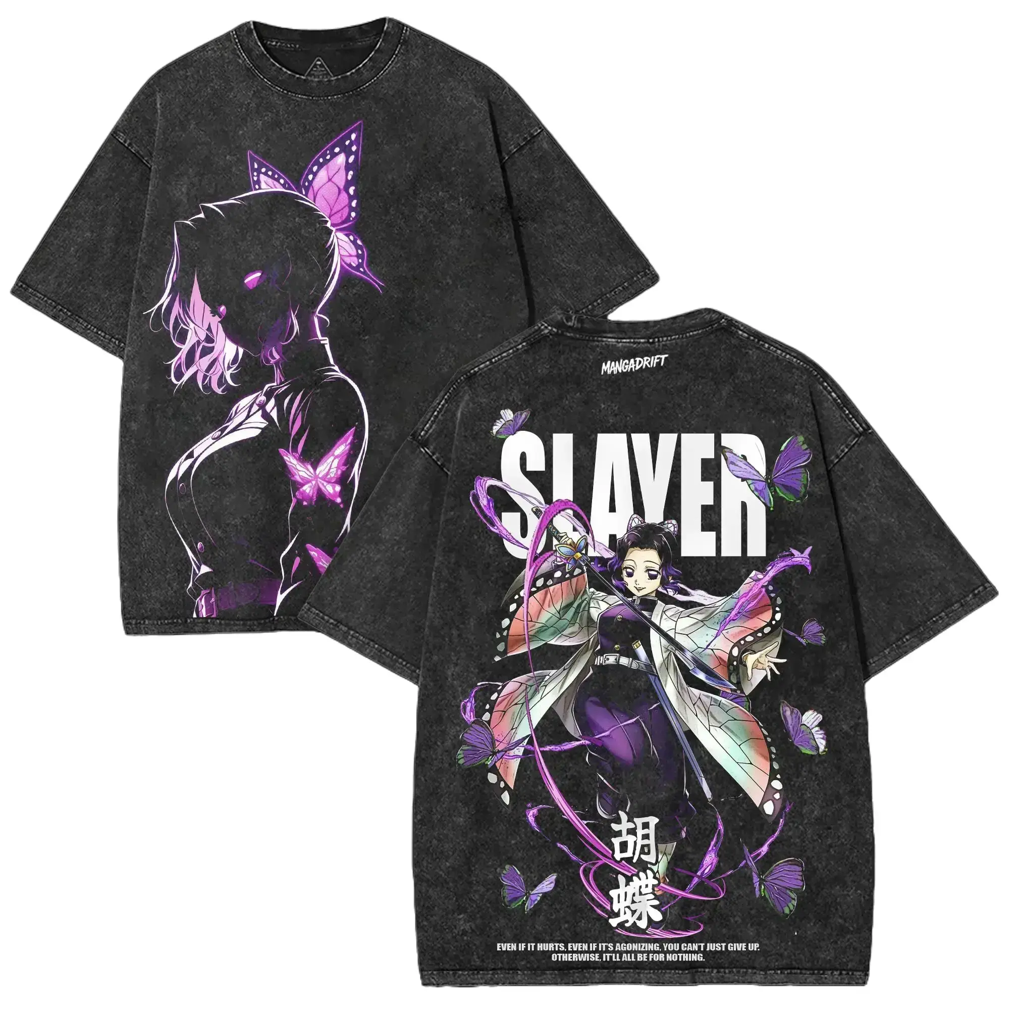 MANGADRIFT Demon Slayer Shinobu Kocho Vintage Acid Wash Graphic Tee | 260GSM Heavyweight Cotton Oversized Anime Shirt Men Women | Y2K Japanese Streetwear Manga Top | Otaku Gamer Gifts Double Sided Insect Hashira T-Shirt Cosplay Casual Apparel Merchandise