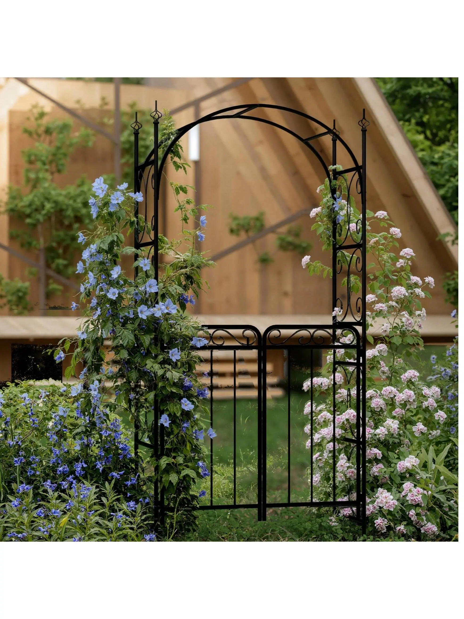 【Christmas Gift】8 FT Black Steel Metal Garden Arch with Gate - 42 inches wide, 95.6 inches tall Gardening Arbor Trellis for Event Planners, Graduation Ceremonies, Roses - Ideal for Lawn, Patio