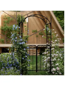 【Christmas Gift】8 FT Elegant Garden Arch With Gate, Metal Wedding Archway For Outdoor Ceremony, Black Steel Arbor Trellis For Roses, Vines, And Climbing Plants – Perfect For Lawn, Patio, And Backyard