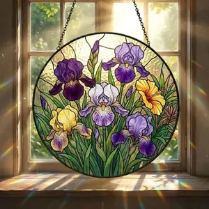 Purple Iris Glass Suncatcher, Floral Stained Glass Style Window Hanging