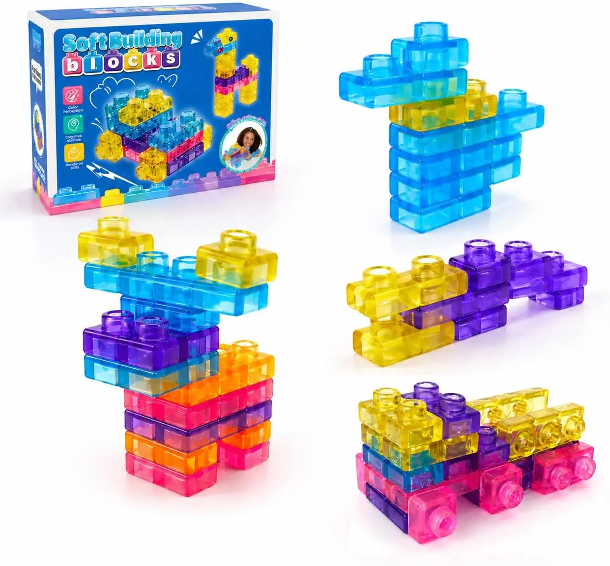 Summer Spring Gift 40PCS Gummy Squishy Building Blocks Set – Soft Transparent Sensory Cube Toys, Stretchable Squeeze Fidget Blocks, Stackable Creative Building Toys for Kids