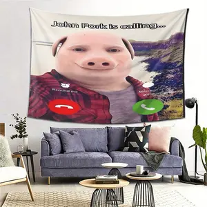 John Pork Tapestry Wall Hanging, Humorous Cartoon Pig Design, Soft Peach Light Beige Fabric, Horizontal Decorative Tapestry for Living Room, Bedroom, Office, or Party Decor, Perfect Gift Idea, Wall Decor Tapestry