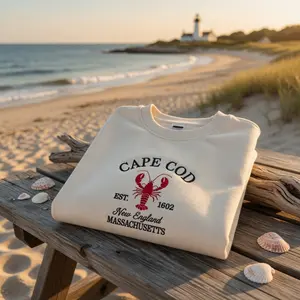 Cape Cod Massachusetts Lobster Embroidered Sweatshirt, Vintage New England Crewneck, Retro Est 1602 Pullover, Coastal Travel Gift Shirt
