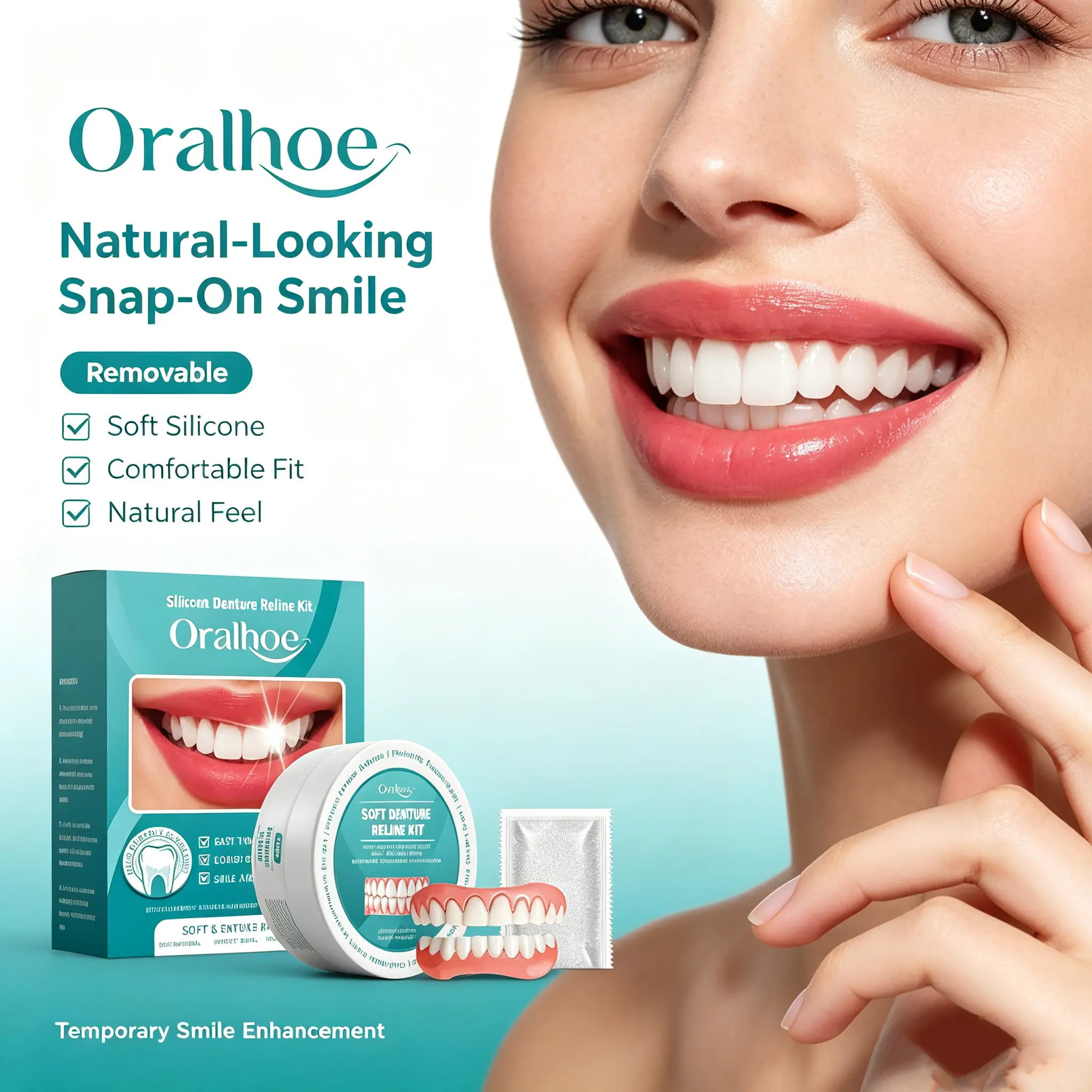 Silicone Reline Denture Set, Removable Cosmetic Fake Teeth Veneers, Natural‑Looking Upper & Lower Tooth Covers, Comfort Soft Silicone Snap‑On Smile Decorations, Secure Fit for Soft Food Chewing