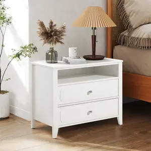 Nightstand with 2 Drawers, Modern Wide Bedside Table with Open Storage, End Table Solid Wood Legs for Bedroom, Living Room, or Dorm, White/Gray/Black