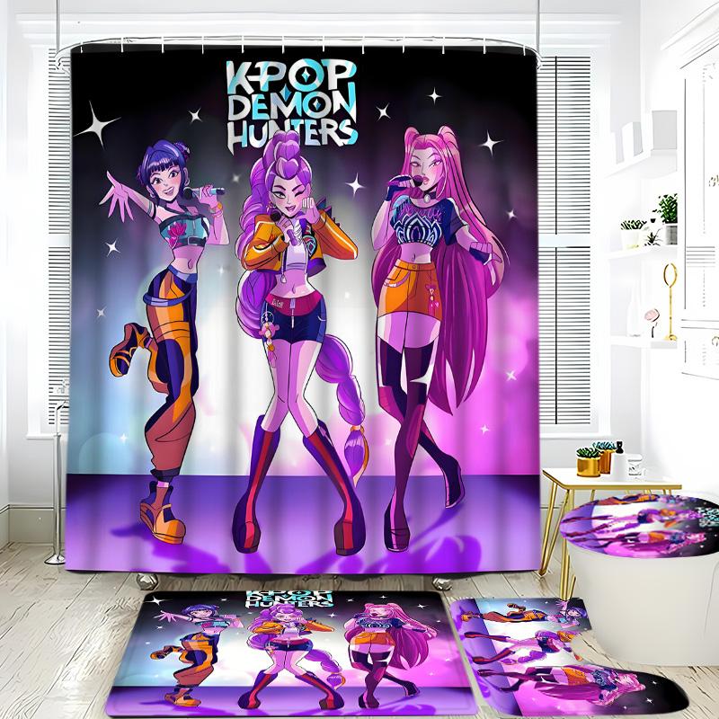 Trendy K-Pop Shower Curtain Set, Includes Bath Mat, Toilet Lid Cover & U-Shaped Tray, Perfect Bathroom Decor Gift for Friends Family, Bathroom Shower Equipment