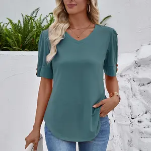 Women's Fashion Casual Blouse V Neck Half Sleeve Shirt with Decorative Cuffs