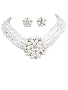 3-Piece Luxury Vintage French Style Multi-Layer Imitation Pearl Necklace Earrings Set, Perfect for Women's Evening Weddings Parties