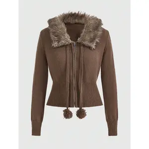 Women's Zip Up Collar Long Sleeve Cardigan Sweater Fuzzy Casual Outerwear