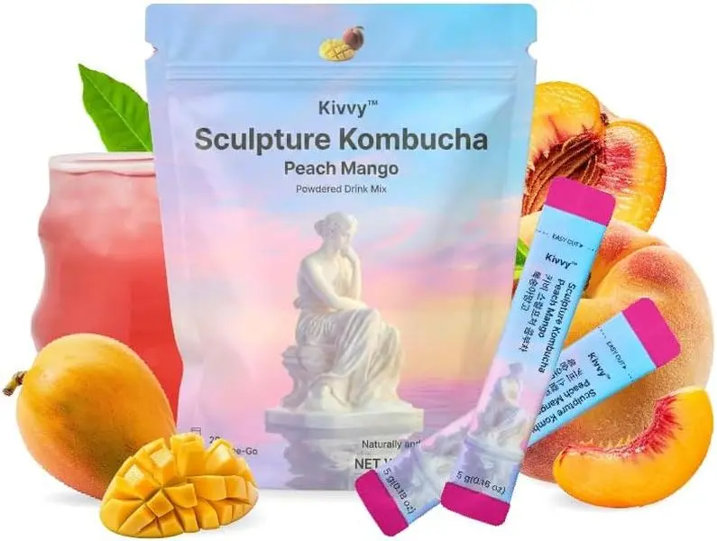 Kivvy Peach Mango Sparkling Kombucha Powder | Korean Kombucha | 0g Sugar | Sparkling Peach Mango Taste, 20 Stick Packs, 0g Added Sugar