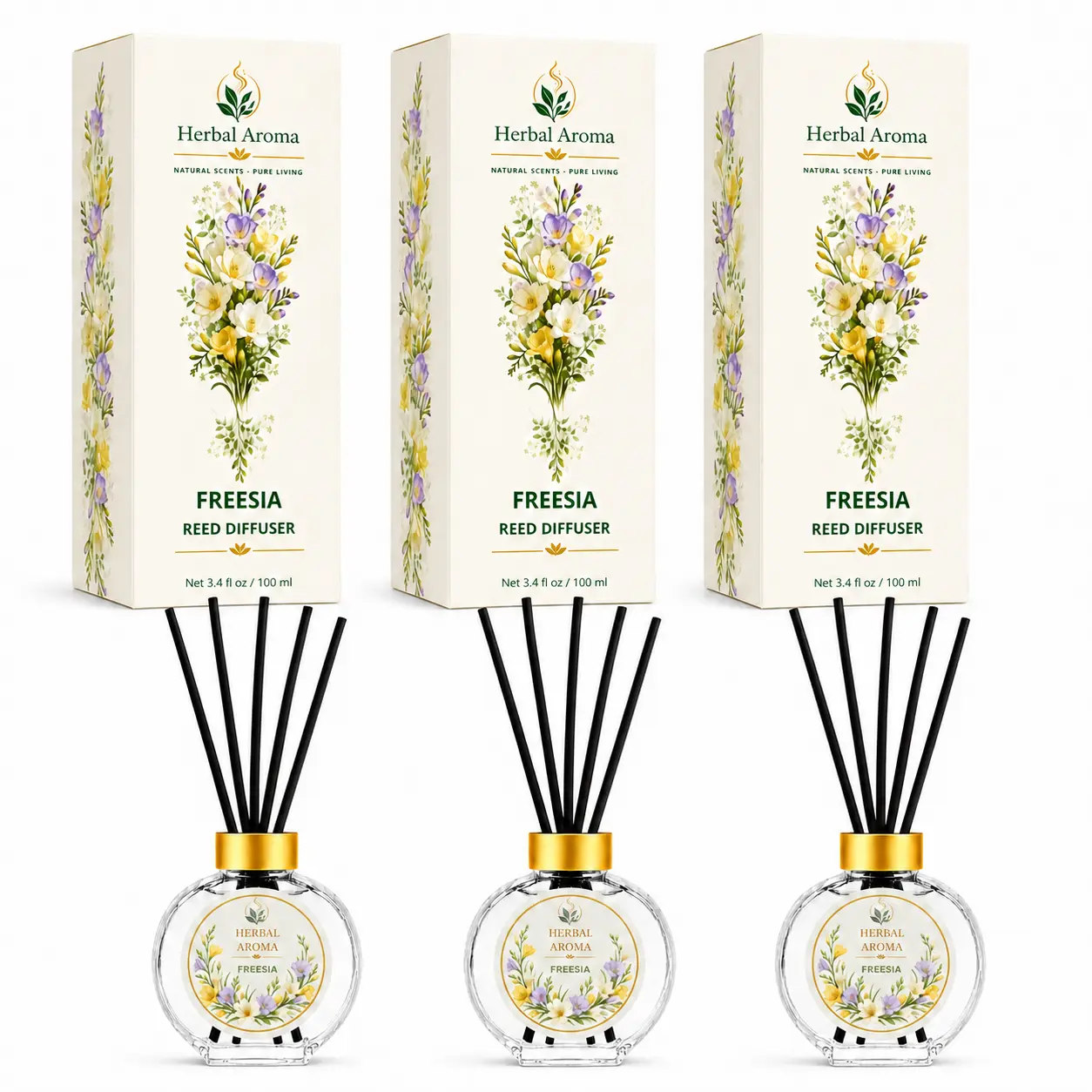 Herbal Aroma Freesia Reed Diffuser Set, 3 Pack Home Fragrance Diffusers, 100 mL Each, 300 mL Total, Floral Reed Diffusers for Home, Bedroom & Office