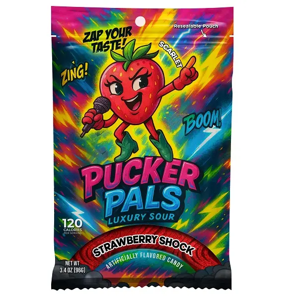 Pucker Pals Strawberry Sour Strips – Extreme Sour Candy, Chewy Gummies Gummy Worms Style Candy, Bold Fun Belts With A Punch for Kids, Boys, Girls, Teens & Adults, Halloween & Stocking Stuffers