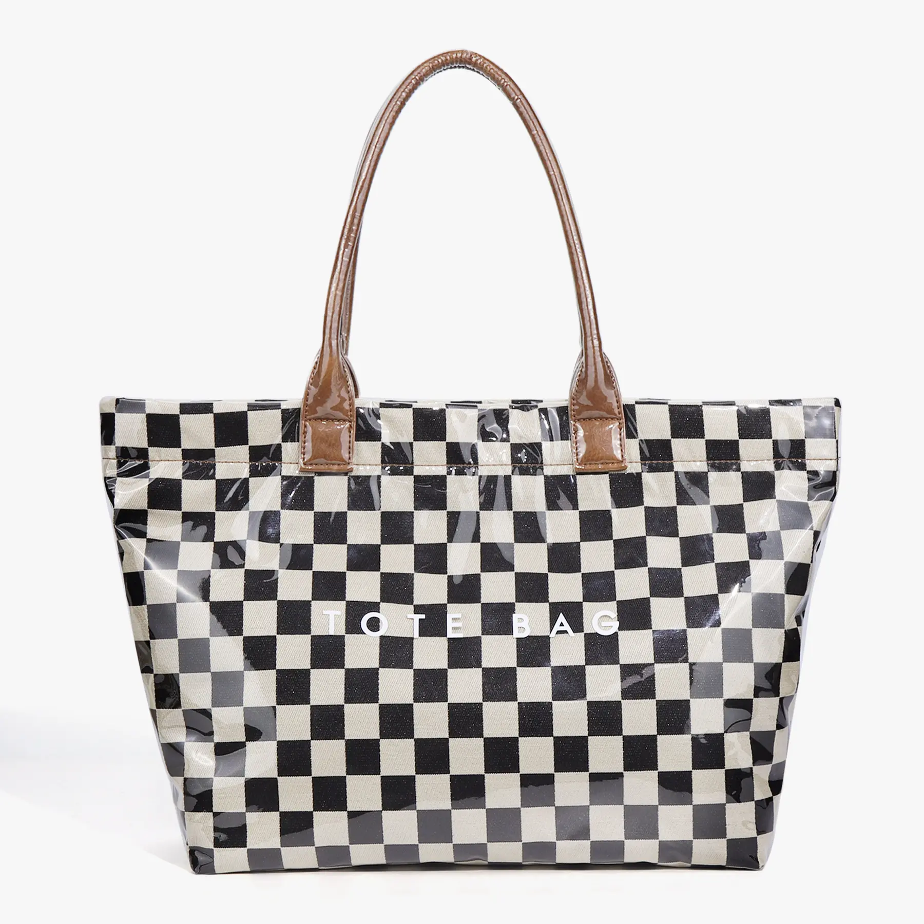 Women's Chic Plaid Retro High-Capacity Brown Waterproof Basic Tote Bag - Double Handle, Shoulder/Handheld Carry, Minimalist Transparent, Commuter Style Versatile, Zip Closure