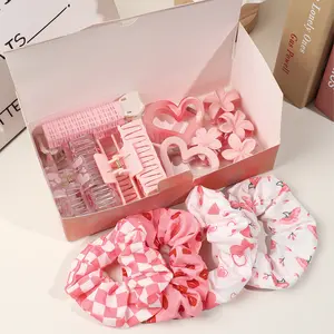 16PCS Pink Aesthetic Ladies Hair Bundle In Gift Box: 10 Heart/Flower Hair Clips + 4 Scrunchies + 2 Hair Rollers | Cute Design For Daily/Dates/Curl Styling | Elegant Gift Box  #PinkHairAccessories #LadiesHairEssentials #CuteHairStylingKit GirlishHairSet