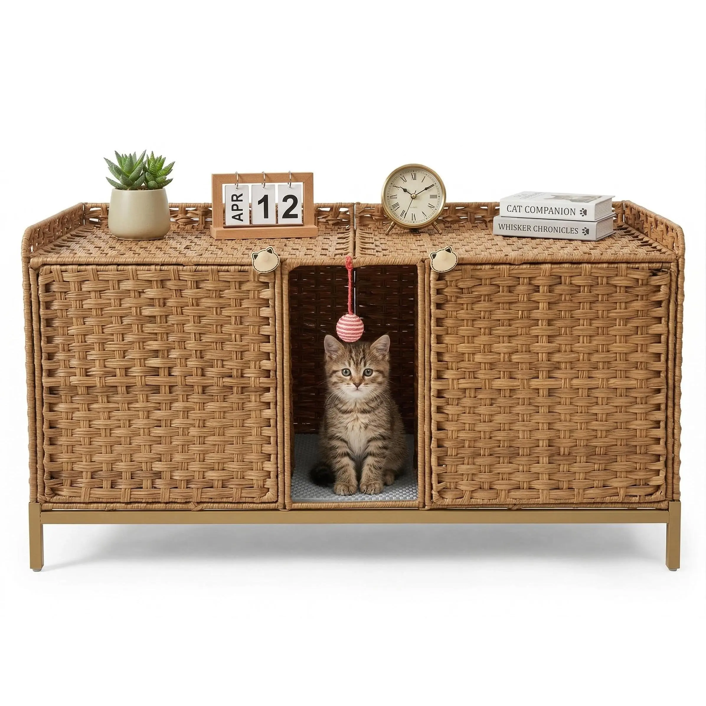 GAOMON Hand-Woven Rattan Double Size Litter Box Furniture - Minimalist Decluttering Hidden Litter Enclosure (47.2in), Quick Install/Easy Assembly, 2 Hooks, Mats, Play Ball, Odor Control, Spacious Cat House for Living Room, Litter Hiding