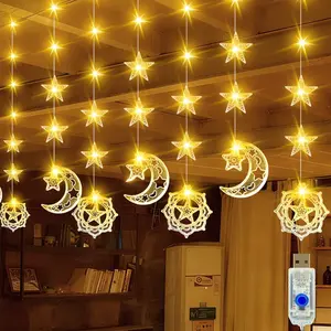 Stars Moon LED Curtain Decorative String Lights, USB Powered, 8 Flash Modes, Home Decoration Light Strands, Perfect for Bedroom Living Room Windows Parties Ramadan Celebrations