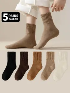 5 Pairs of Women's Pile-Lined Socks Blended-Yarn Crew Socks Warm and Comfortable Ideal for Fall/Winter Sports and Skiing