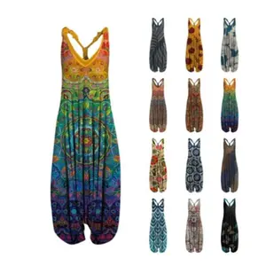 Baggy Hippie Overalls2025 Summer New Printed Sleeveless Loose Design Knitted Spun Cotton Overalls Suits Womenswear