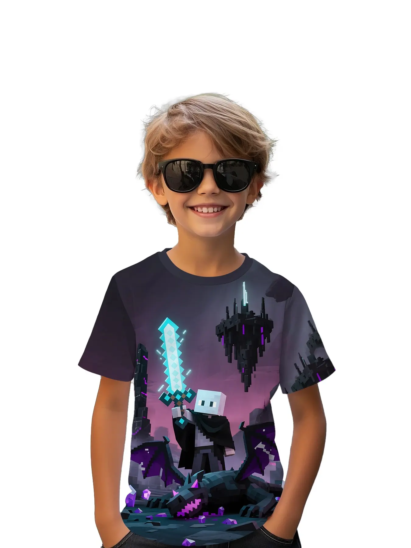 Minecraft End Sword Short Sleeve T-Shirt, Comfortable Casual All-Over Print, Fitted Summer Kids Clothing, Outdoor Sports Tee, Graphic Tees