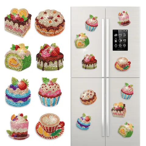 8pcs DIY Diamond Art Kits - Food-Themed Round Gems, Easy-to-Use Magnetic Hobbies Kit for Beginners, Fridge-Attachable Craft Party Decorations