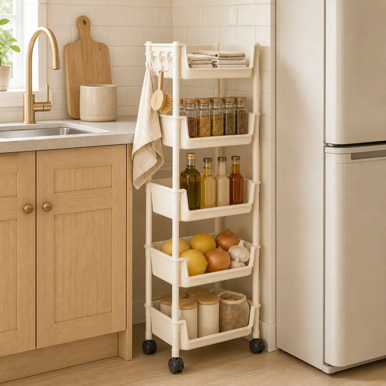 【US】Plastic PeaWove Slim Slide Organiser - 5-Tier Narrow Rolling Storage Cart on Wheels, Space-Saving Utility Rack for Kitchen, Bathroom Small Spaces,back to school,back to school haul