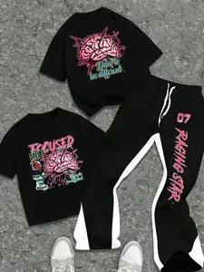 Men’s "Focused Brain & Raging Star" 2-Piece Set | Black Graphic Tee + Flare Track Pants Anatomical Brain Print Y2K Hip Hop Streetwear 2PC
