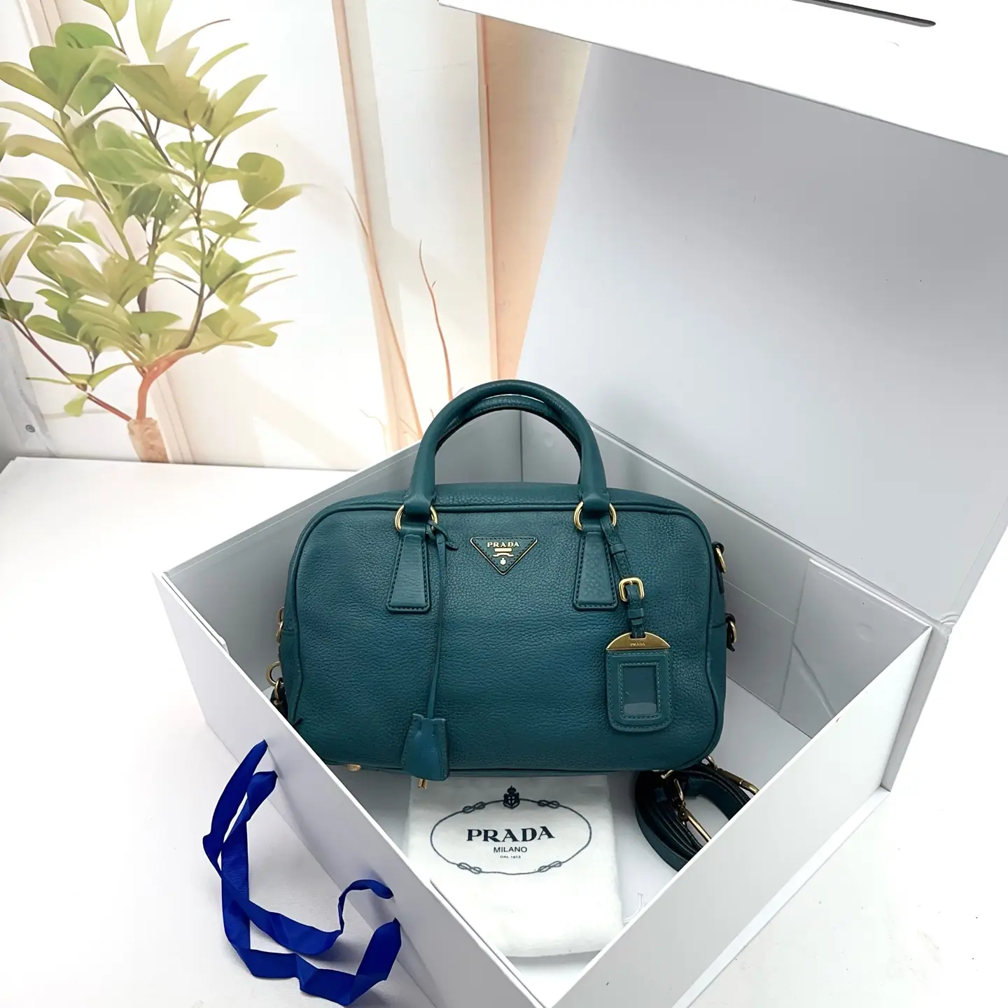 Pre-owned PRADA Teal Green Grained Leather Double Zip Satchel Bag 0718 qiqi 22181925