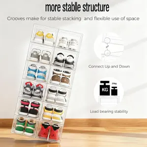 ShoneClear Stackable Shoe Boxes 6/12-Pack CLEAR Portable Storage Organizer for Sneakers & Bags Fits US Men's Size 13 Lightweight Acrylic Magnetic Door Rectangle Design Stable Assembly